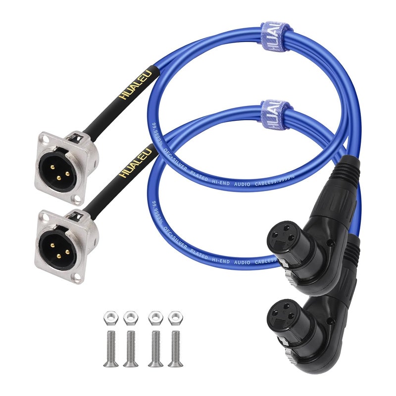 HUALEU 2FT Right Angle 3pin Female XLR Pass Through Cable,D-Type XLR Male to Female Patch Panel, Floor Box - No Solder for Pro Audio Installations-20AWG Silver-Plated Copper Conductor-2Pack - Image 1